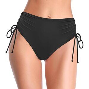 🆕Women’s Black Nylon High Waisted Bikini Bottoms Ruched Tummy